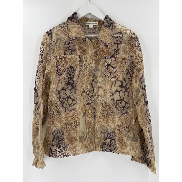 Bamboo Traders Button Up Shirt Womens Large Gold Brown Sheer Flax Animal Print - Picture 1 of 16